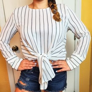 E&M White Striped Blouse with Tie Front